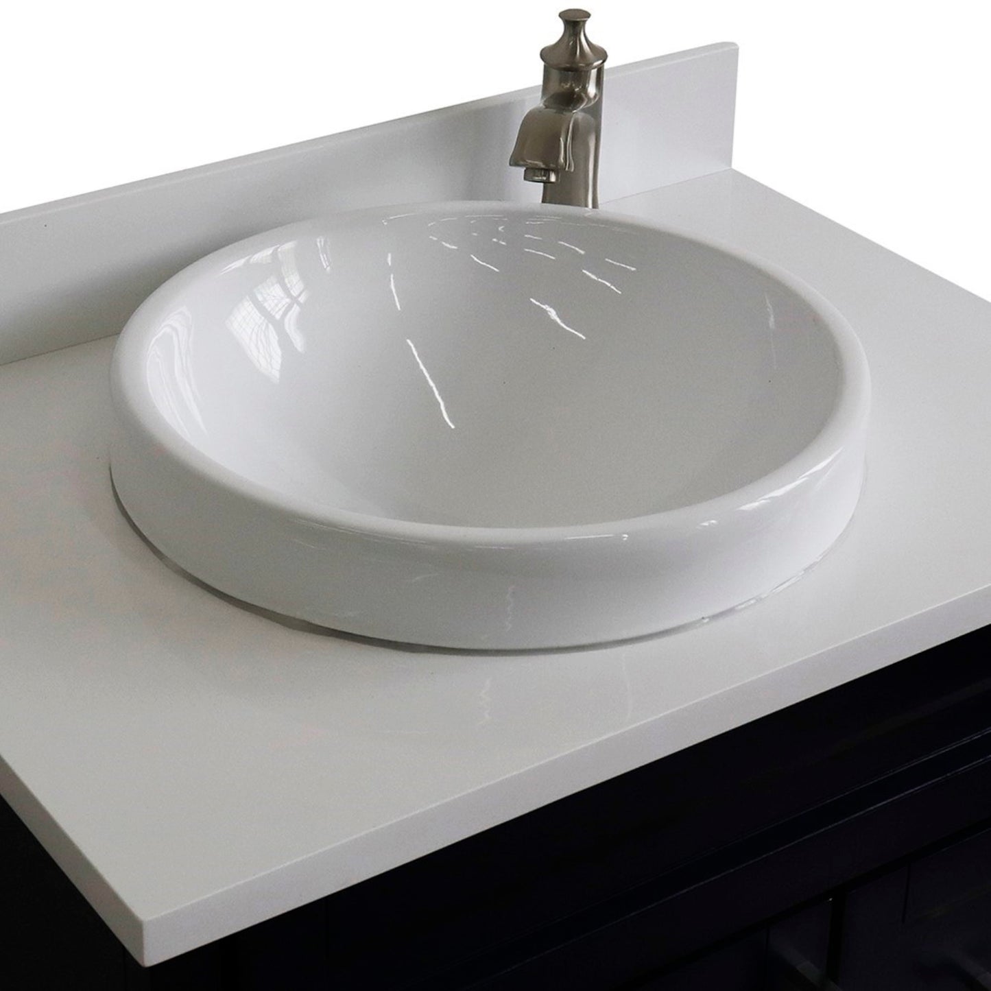 31" Single sink vanity in Blue finish with White engineered stone with round sink