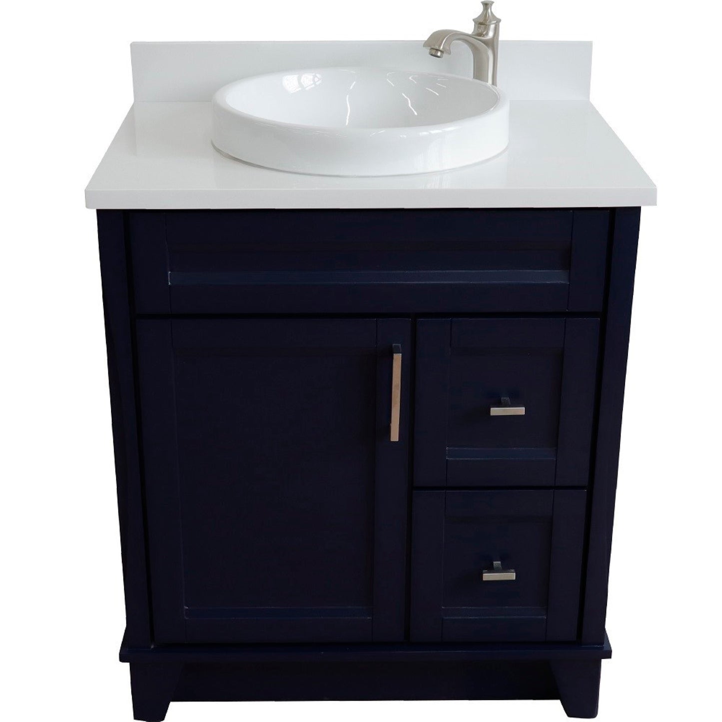 31" Single sink vanity in Blue finish with White engineered stone with round sink