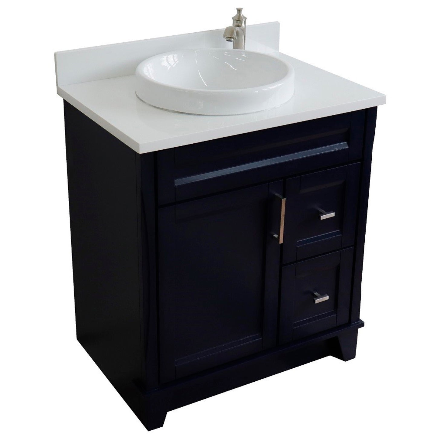 31" Single sink vanity in Blue finish with White engineered stone with round sink
