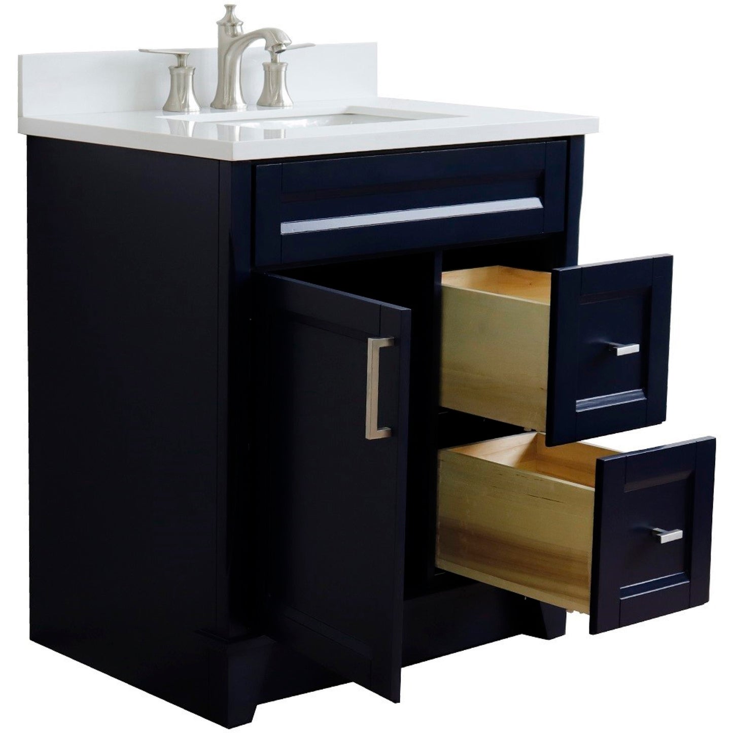 31" Single sink vanity in Blue finish with White engineered stone with rectangle sink