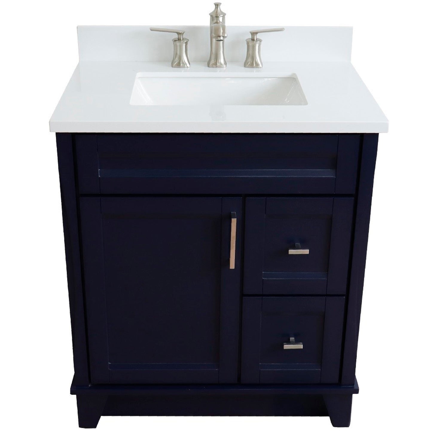 31" Single sink vanity in Blue finish with White engineered stone with rectangle sink