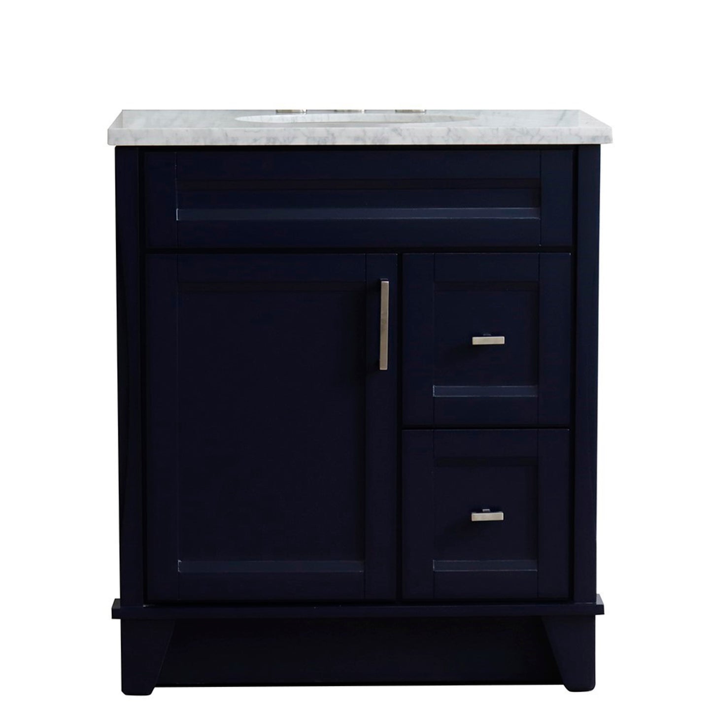 31" Single sink vanity in Blue finish with White Carrara marble with oval sink