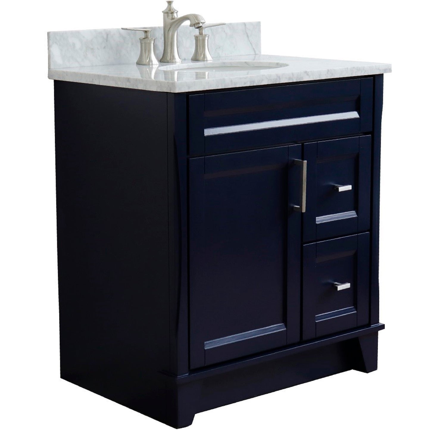 31" Single sink vanity in Blue finish with White Carrara marble with oval sink