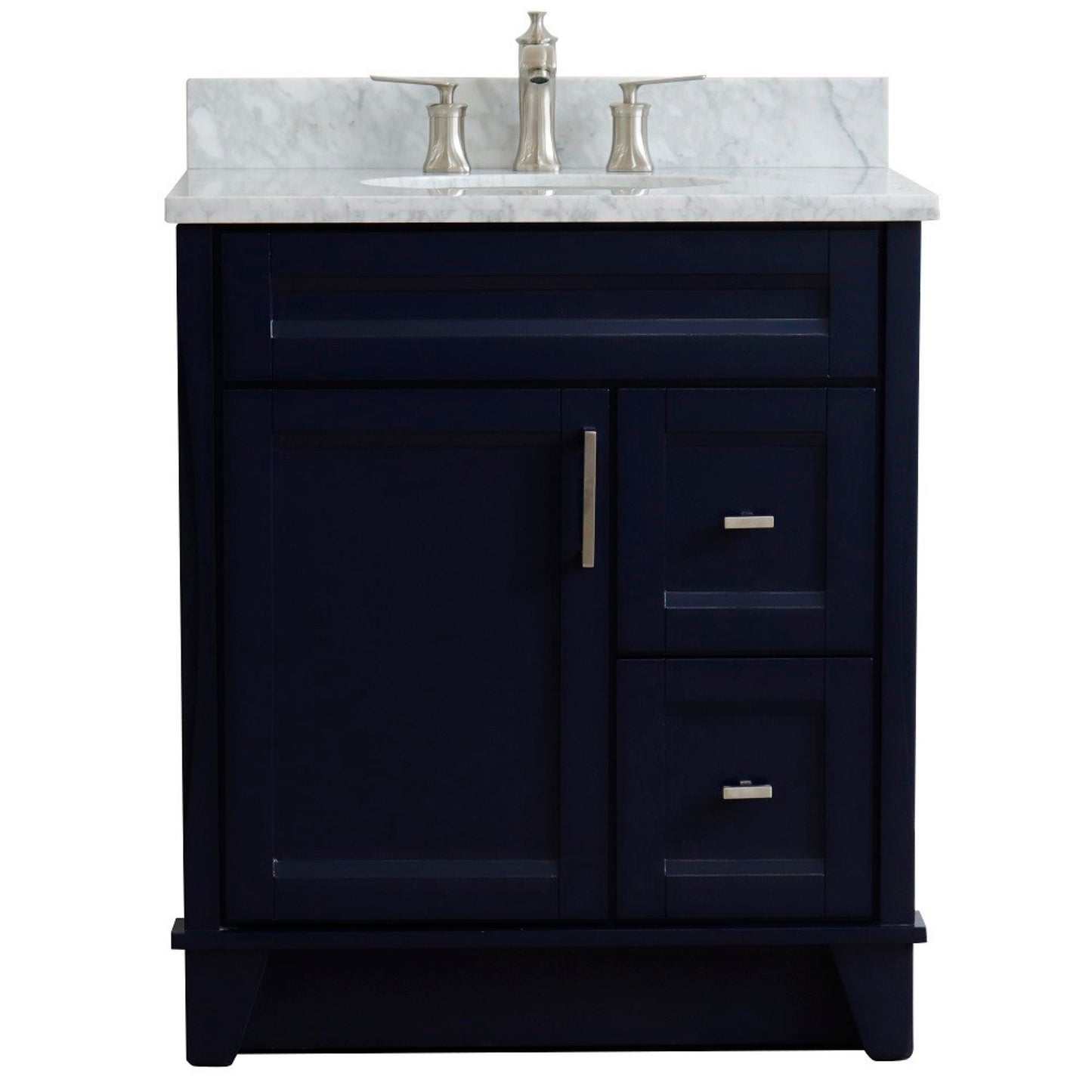 31" Single sink vanity in Blue finish with White Carrara marble with oval sink