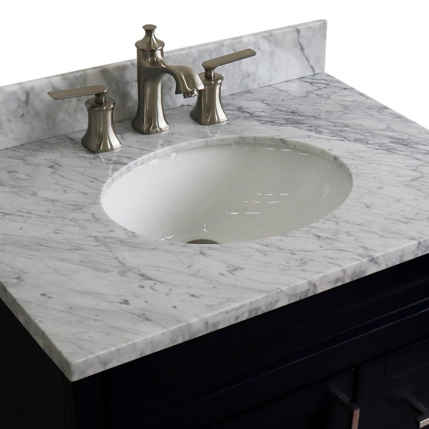 31" Single sink vanity in Blue finish with White Carrara marble with oval sink