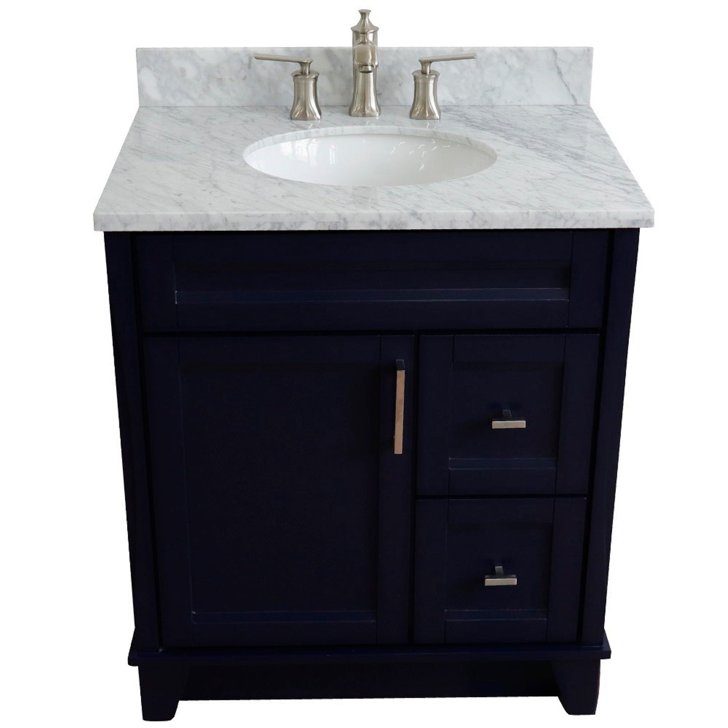 31" Single sink vanity in Blue finish with White Carrara marble with oval sink