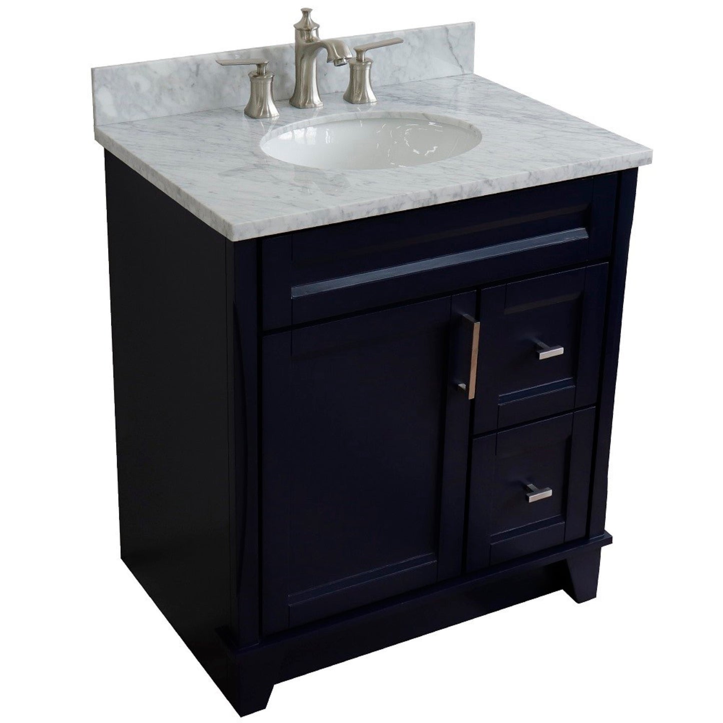 31" Single sink vanity in Blue finish with White Carrara marble with oval sink