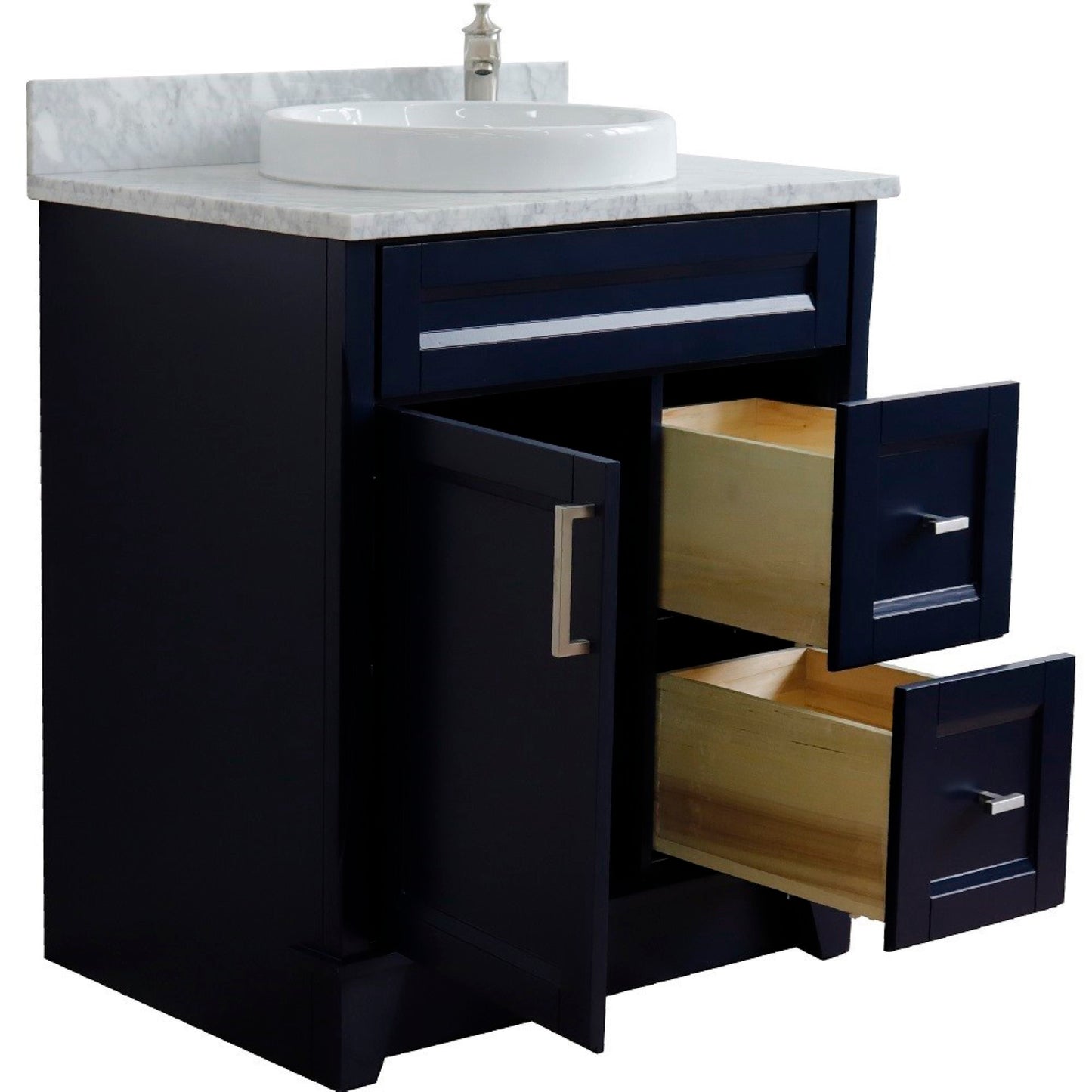 31" Single sink vanity in Blue finish with White Carrara marble with round sink