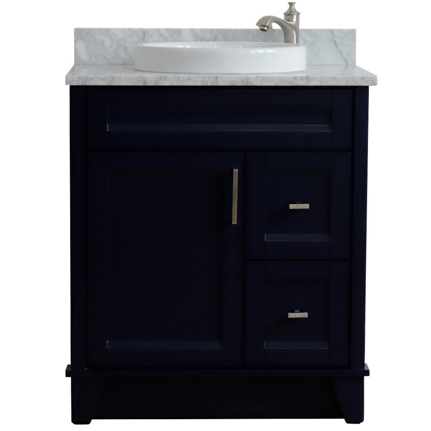 31" Single sink vanity in Blue finish with White Carrara marble with round sink