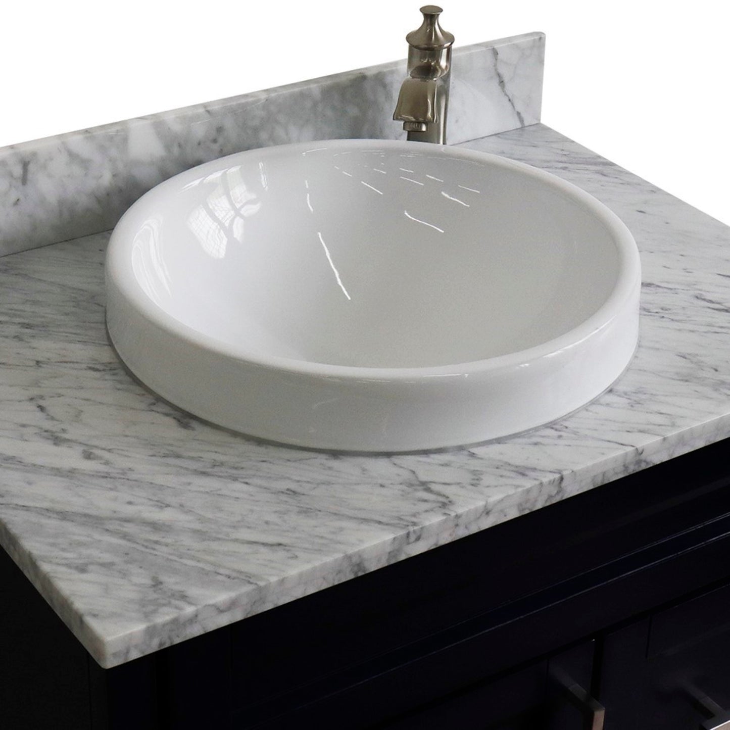 31" Single sink vanity in Blue finish with White Carrara marble with round sink