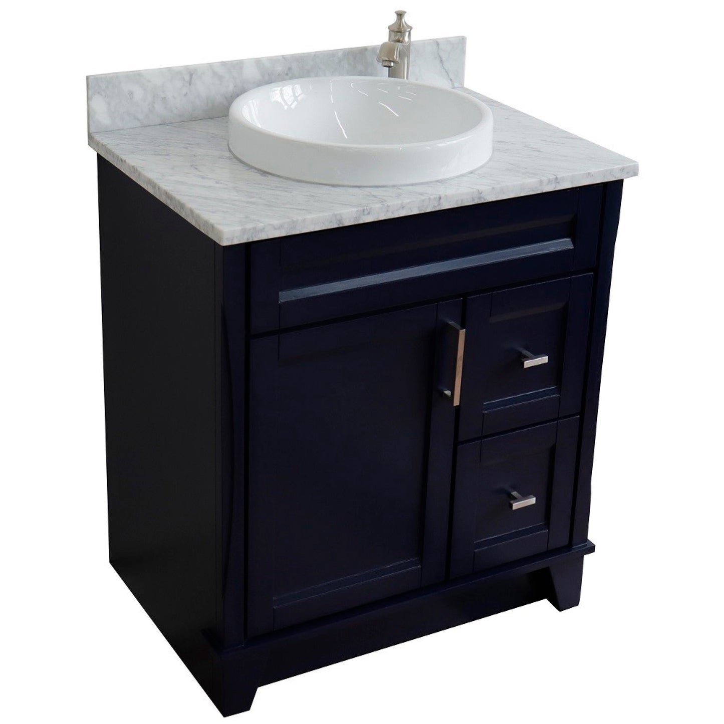 31" Single sink vanity in Blue finish with White Carrara marble with round sink