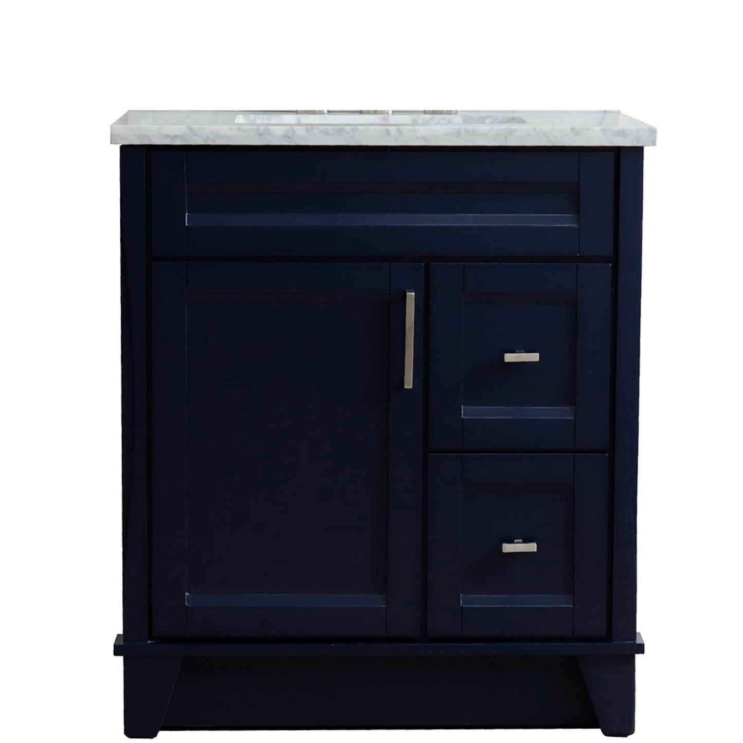 31" Single sink vanity in Blue finish with White Carrara marble with rectangle sink