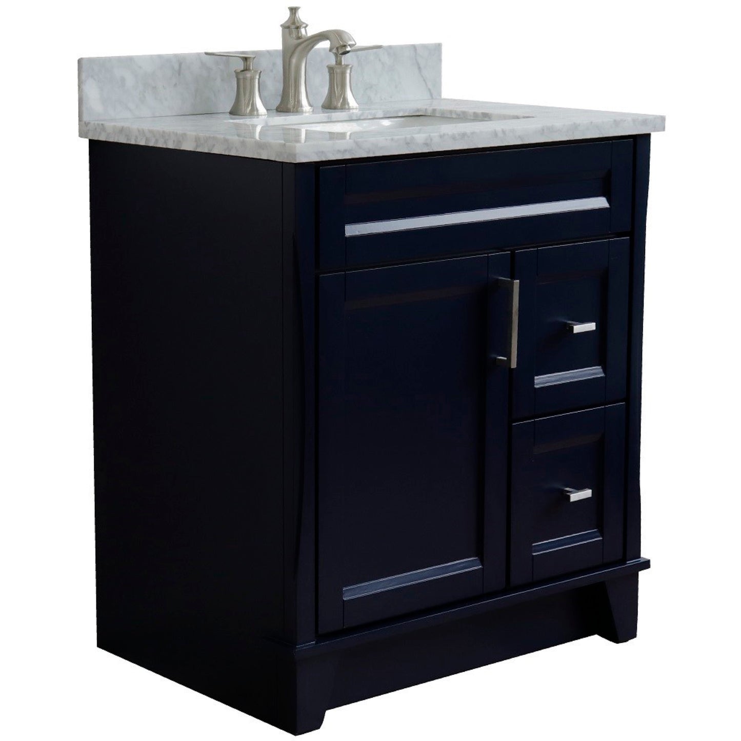 31" Single sink vanity in Blue finish with White Carrara marble with rectangle sink