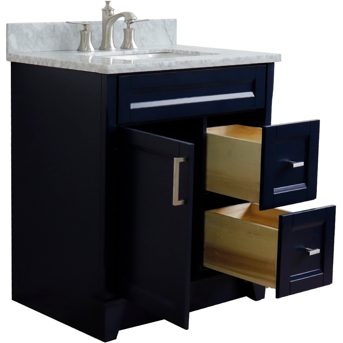 31" Single sink vanity in Blue finish with White Carrara marble with rectangle sink