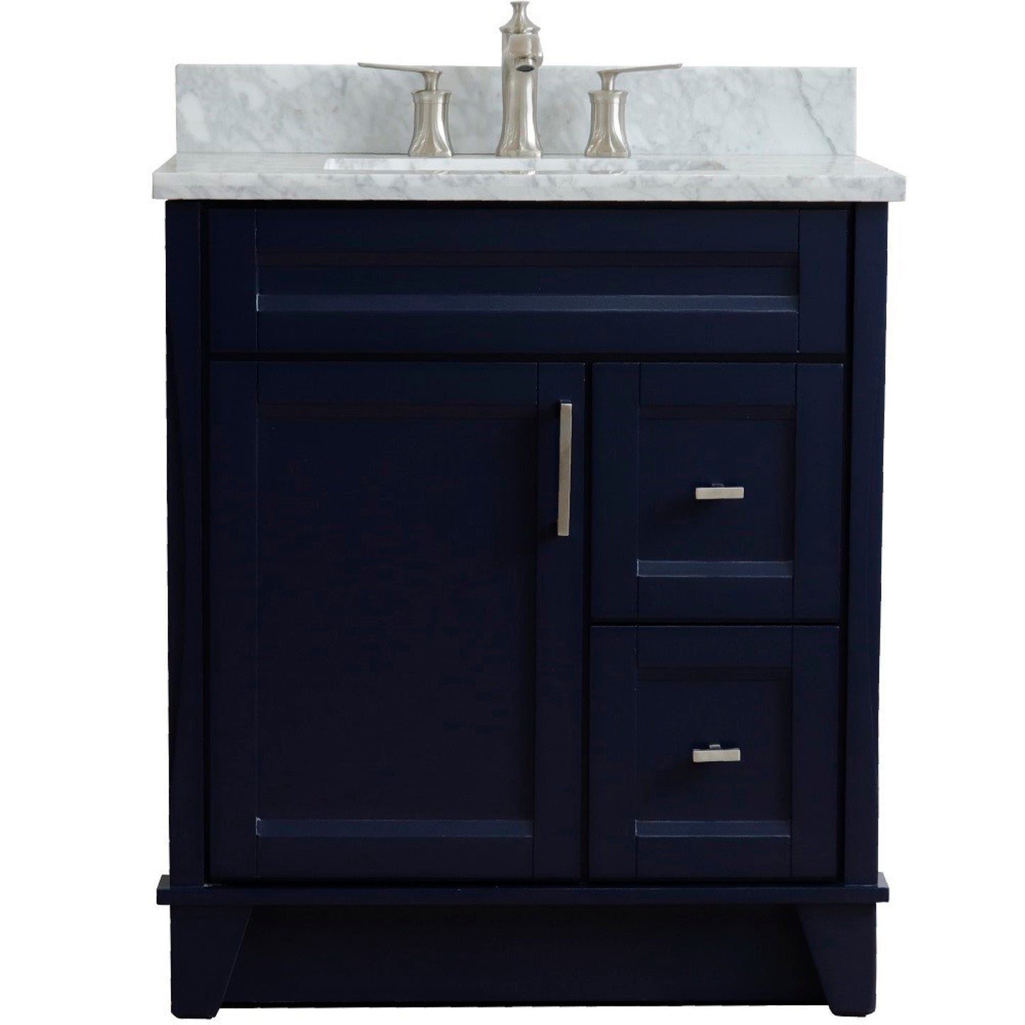 31" Single sink vanity in Blue finish with White Carrara marble with rectangle sink
