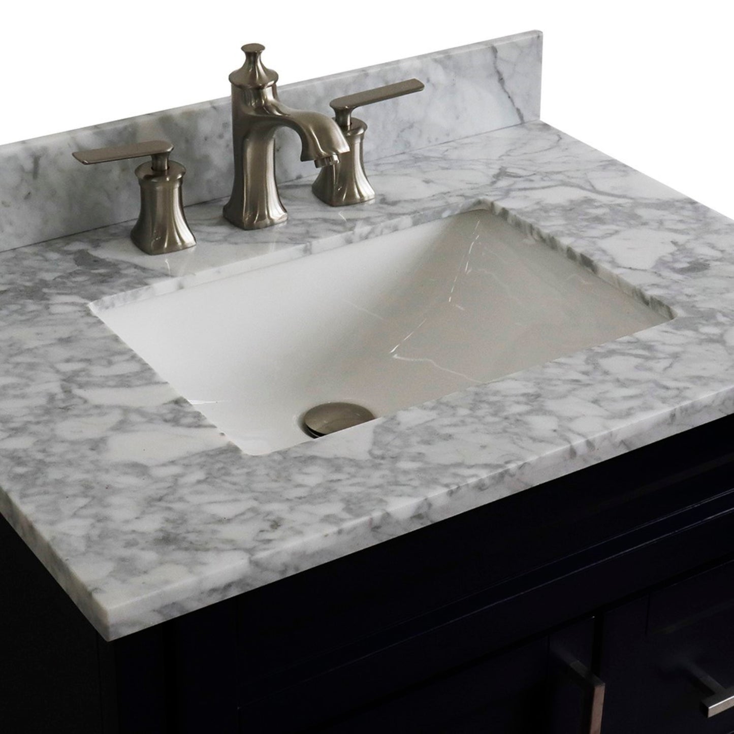 31" Single sink vanity in Blue finish with White Carrara marble with rectangle sink