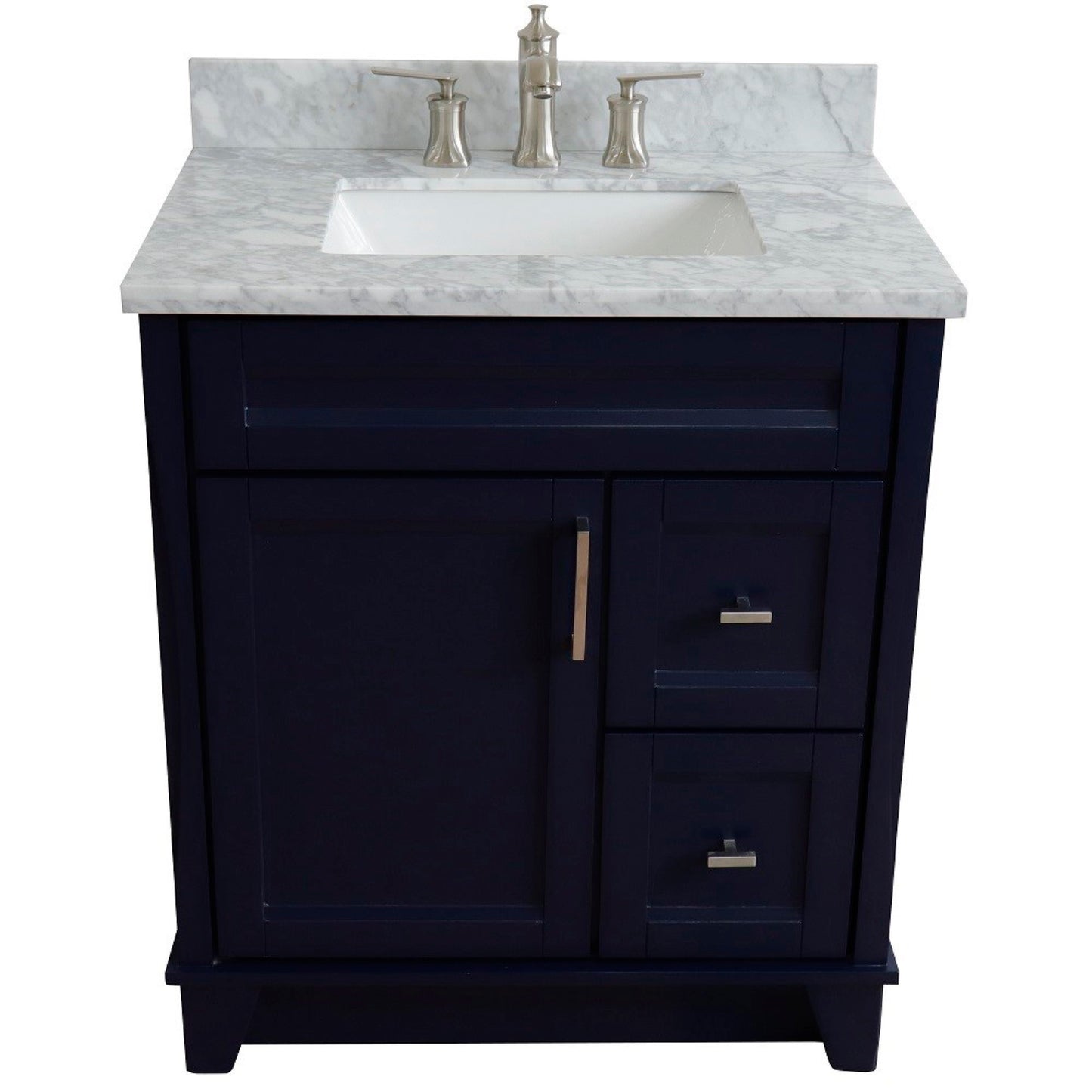 31" Single sink vanity in Blue finish with White Carrara marble with rectangle sink