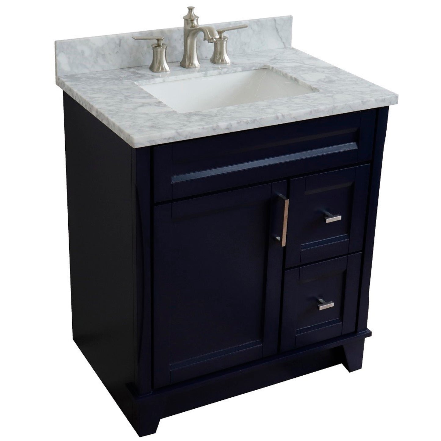 31" Single sink vanity in Blue finish with White Carrara marble with rectangle sink