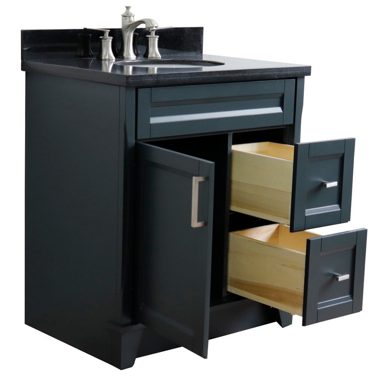 31" Single sink vanity in Dark Gray finish with Black galaxy granite with oval sink