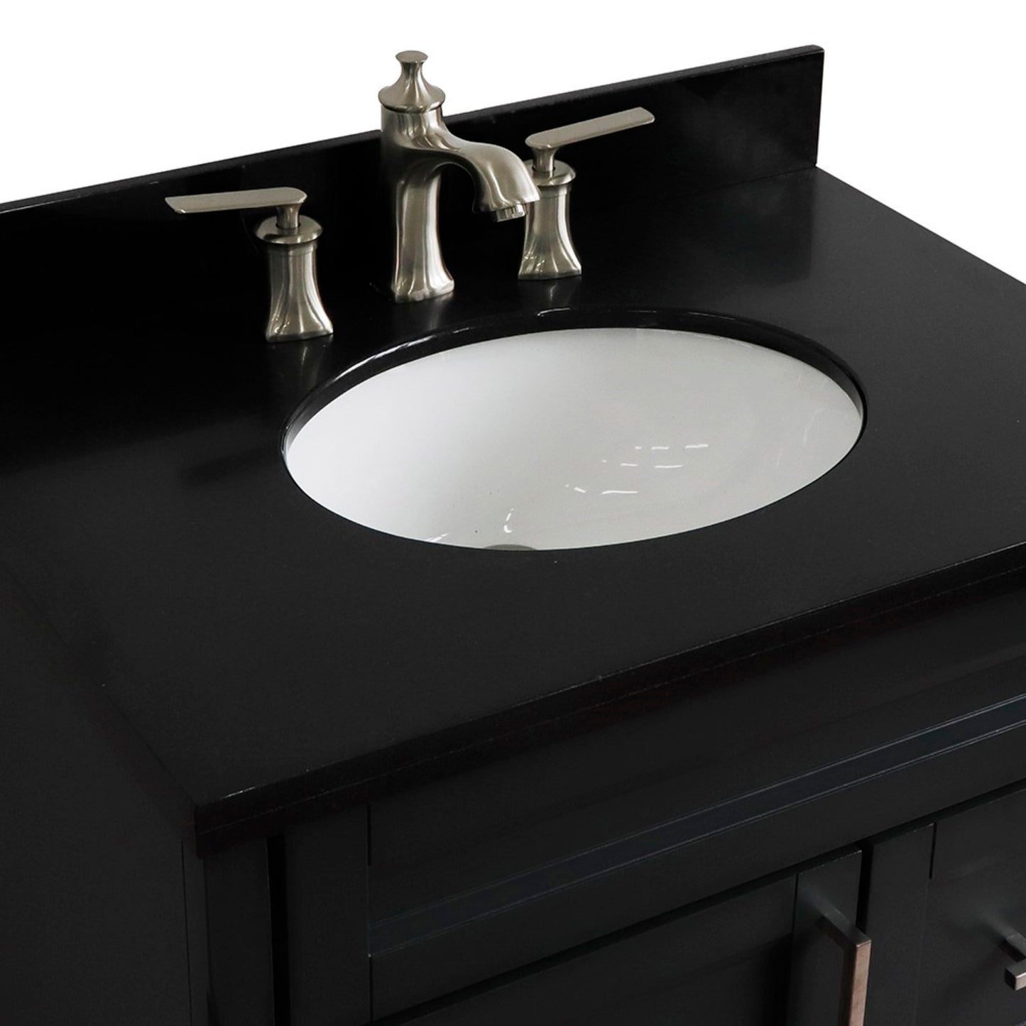 31" Single sink vanity in Dark Gray finish with Black galaxy granite with oval sink