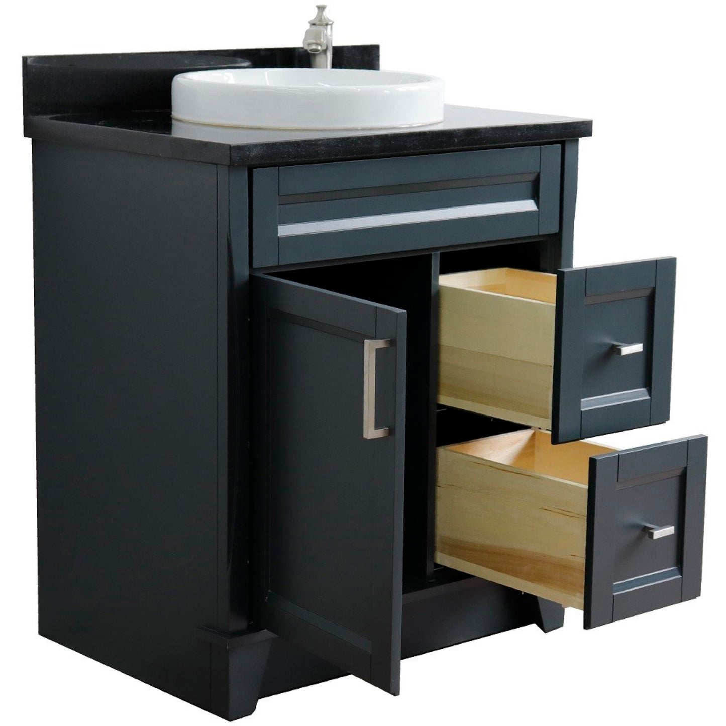 31" Single sink vanity in Dark Gray finish with Black galaxy granite with round sink
