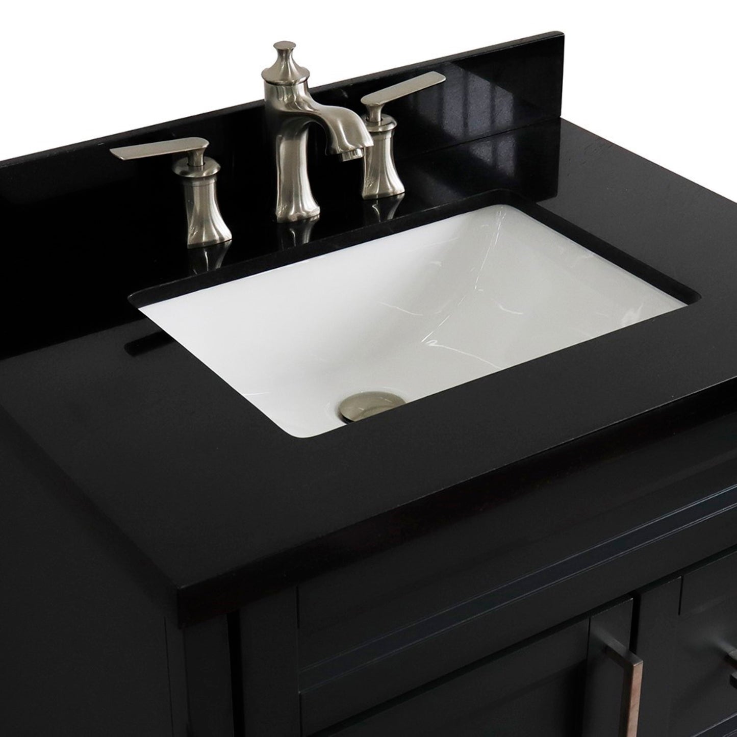 31" Single sink vanity in Dark Gray finish with Black galaxy granite with rectangle sink