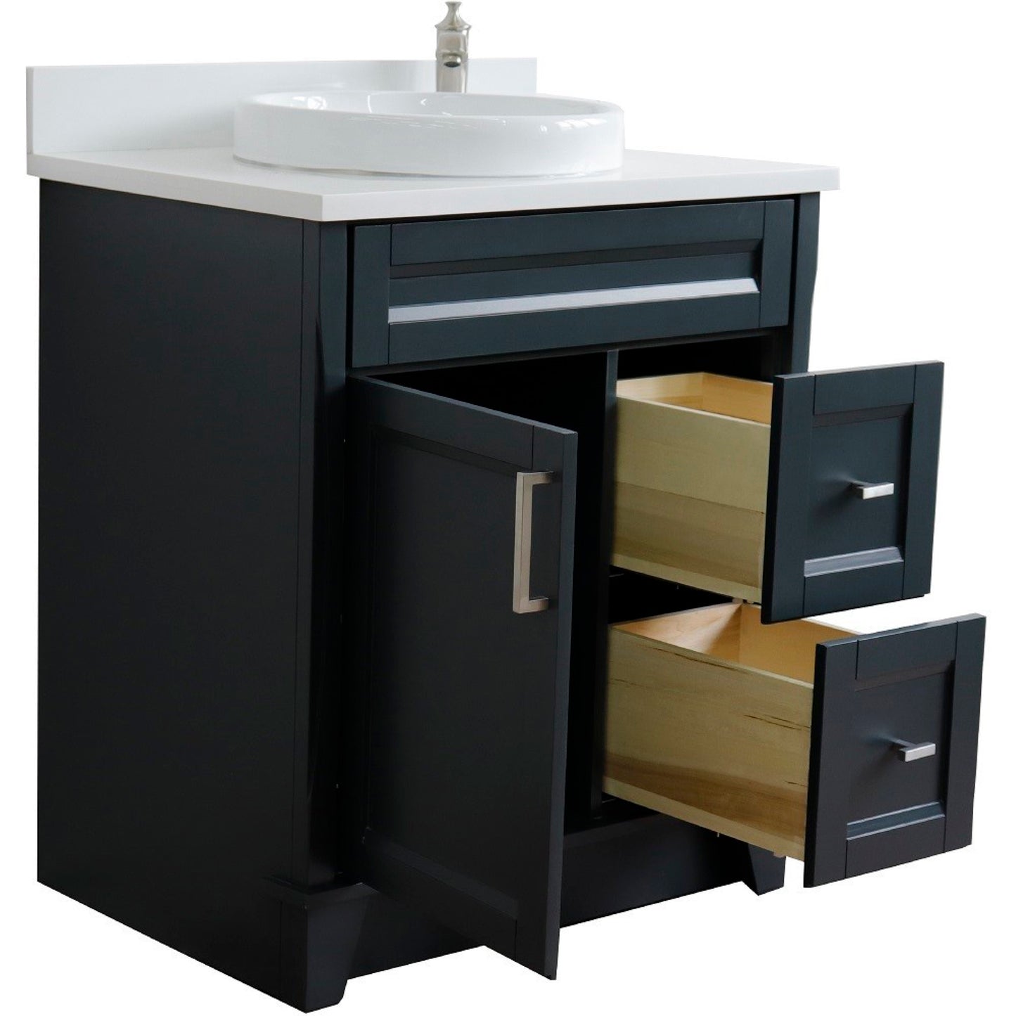 31" Single sink vanity in Dark Gray finish with White engineered stone with round sink