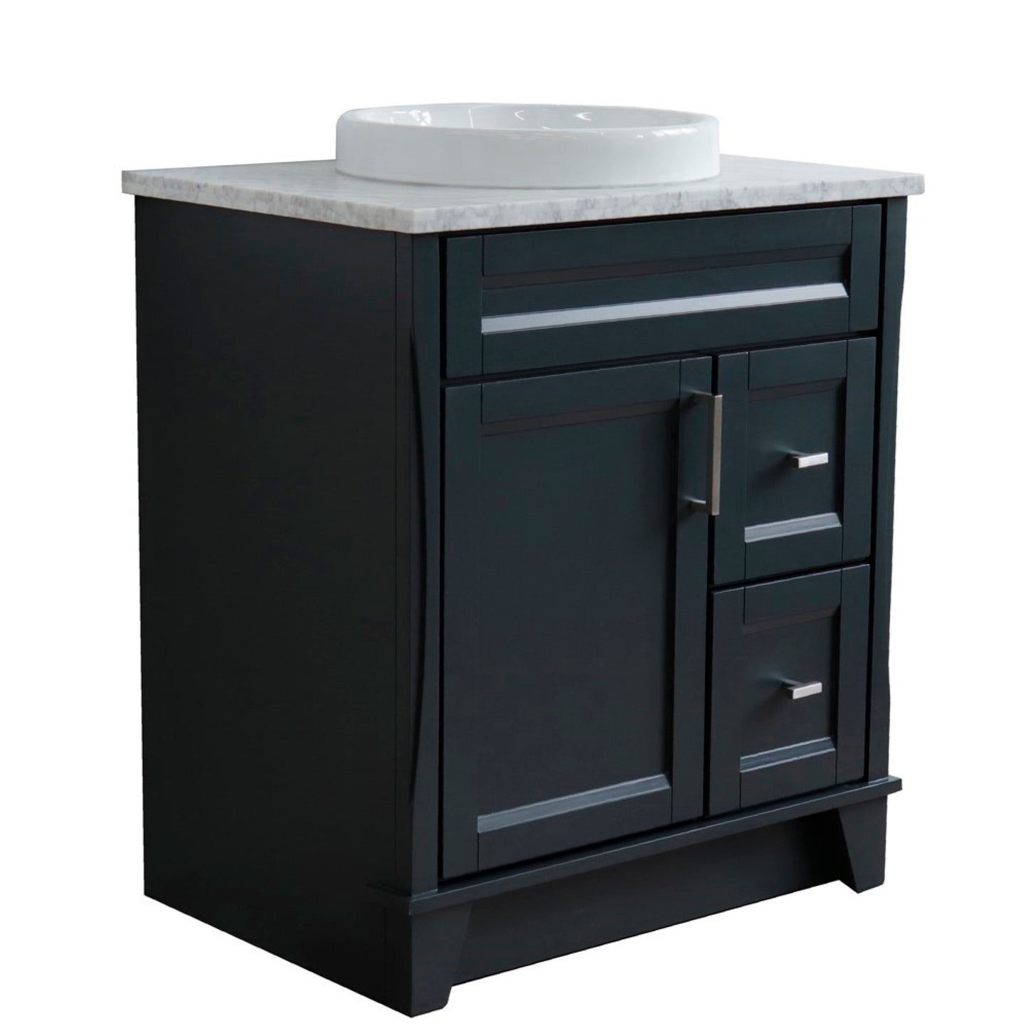 31" Single sink vanity in Dark Gray finish with White Carrara marble with round sink