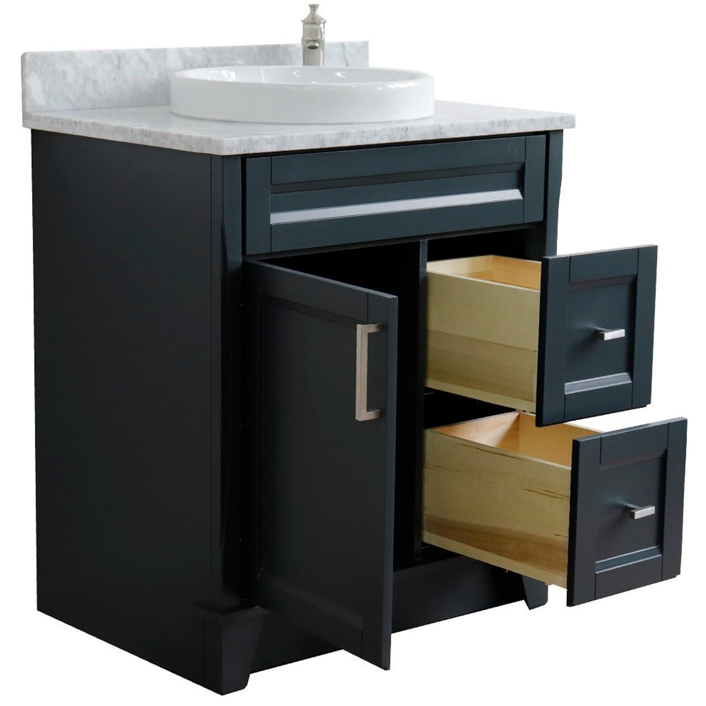 31" Single sink vanity in Dark Gray finish with White Carrara marble with round sink