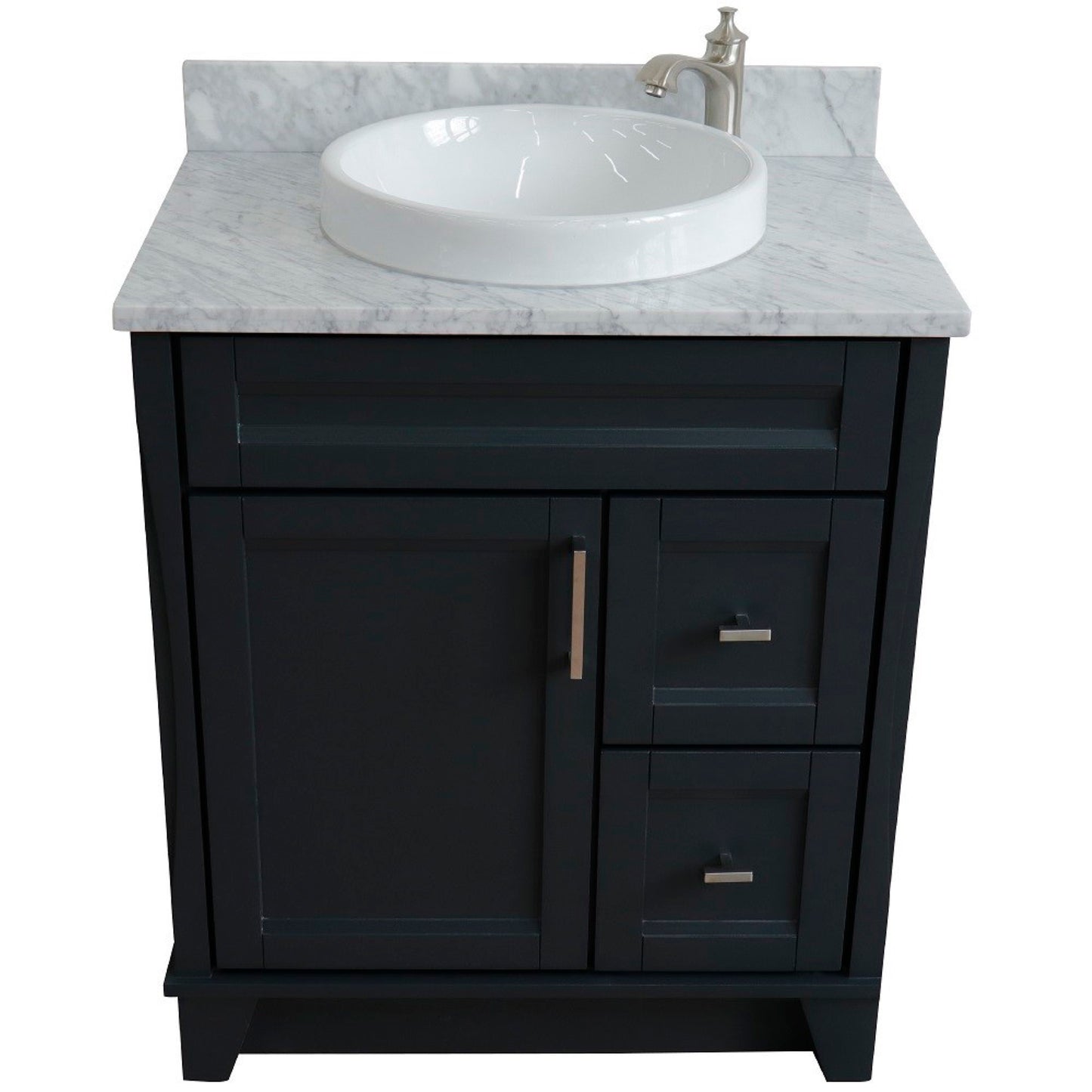 31" Single sink vanity in Dark Gray finish with White Carrara marble with round sink