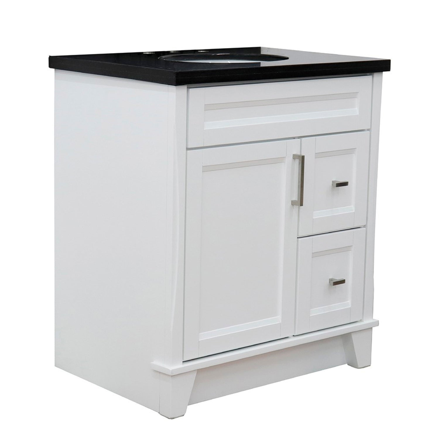 31" Single sink vanity in White finish with Black galaxy granite with oval sink