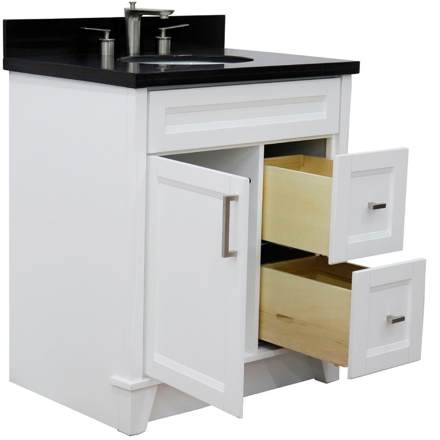 31" Single sink vanity in White finish with Black galaxy granite with oval sink
