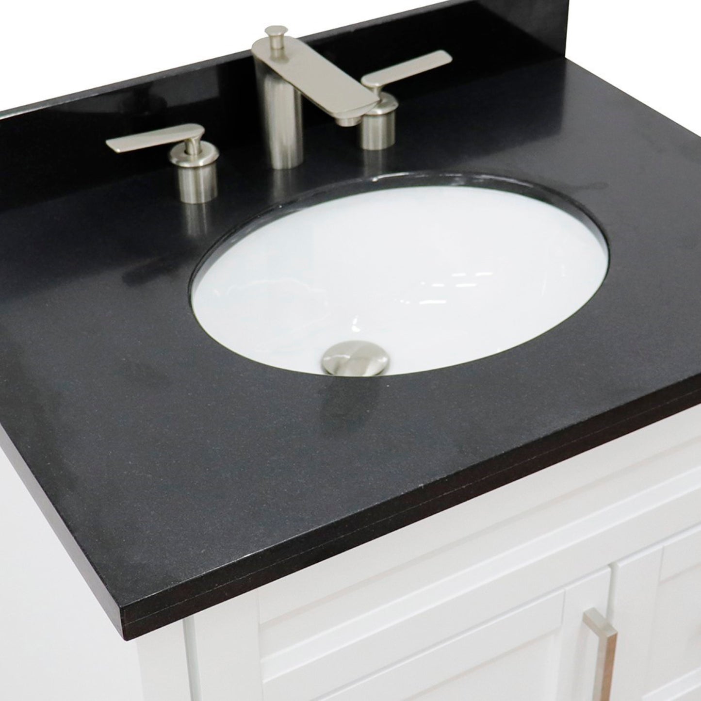 31" Single sink vanity in White finish with Black galaxy granite with oval sink