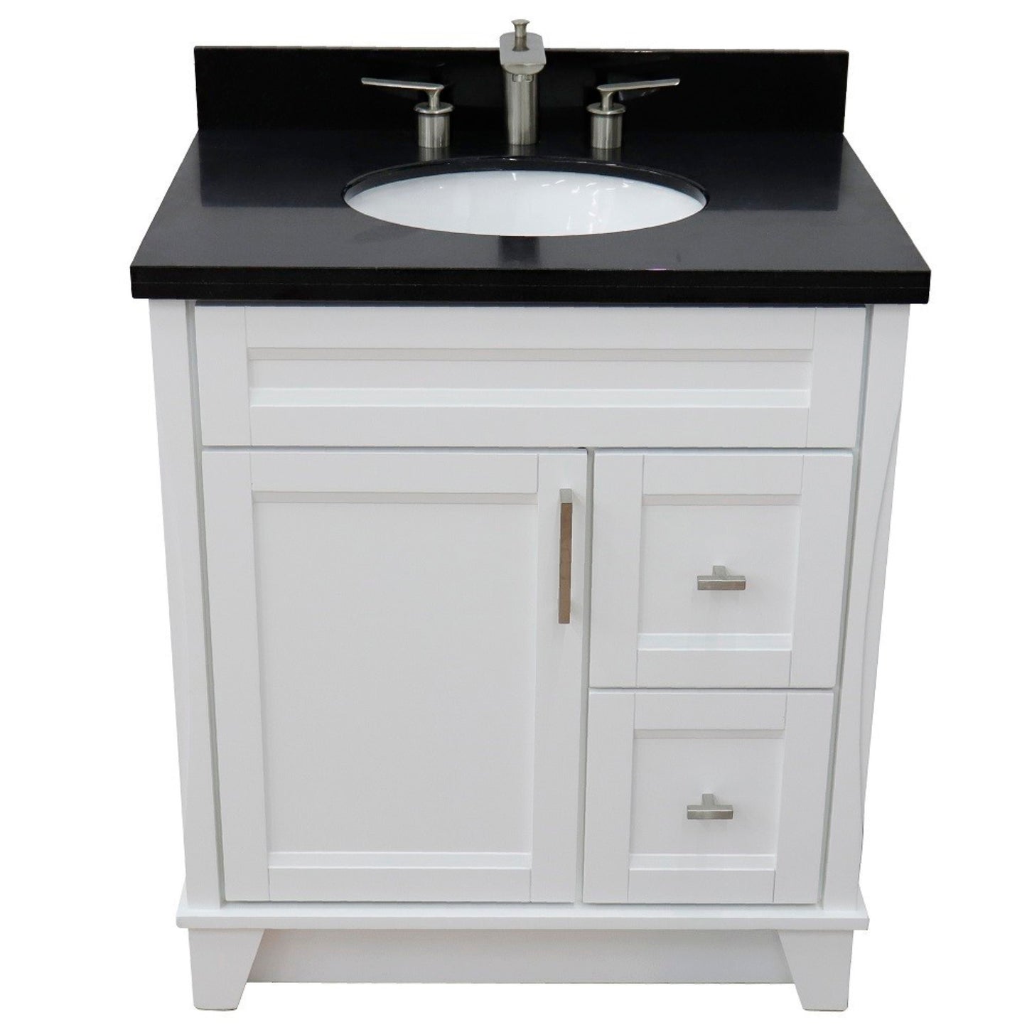 31" Single sink vanity in White finish with Black galaxy granite with oval sink