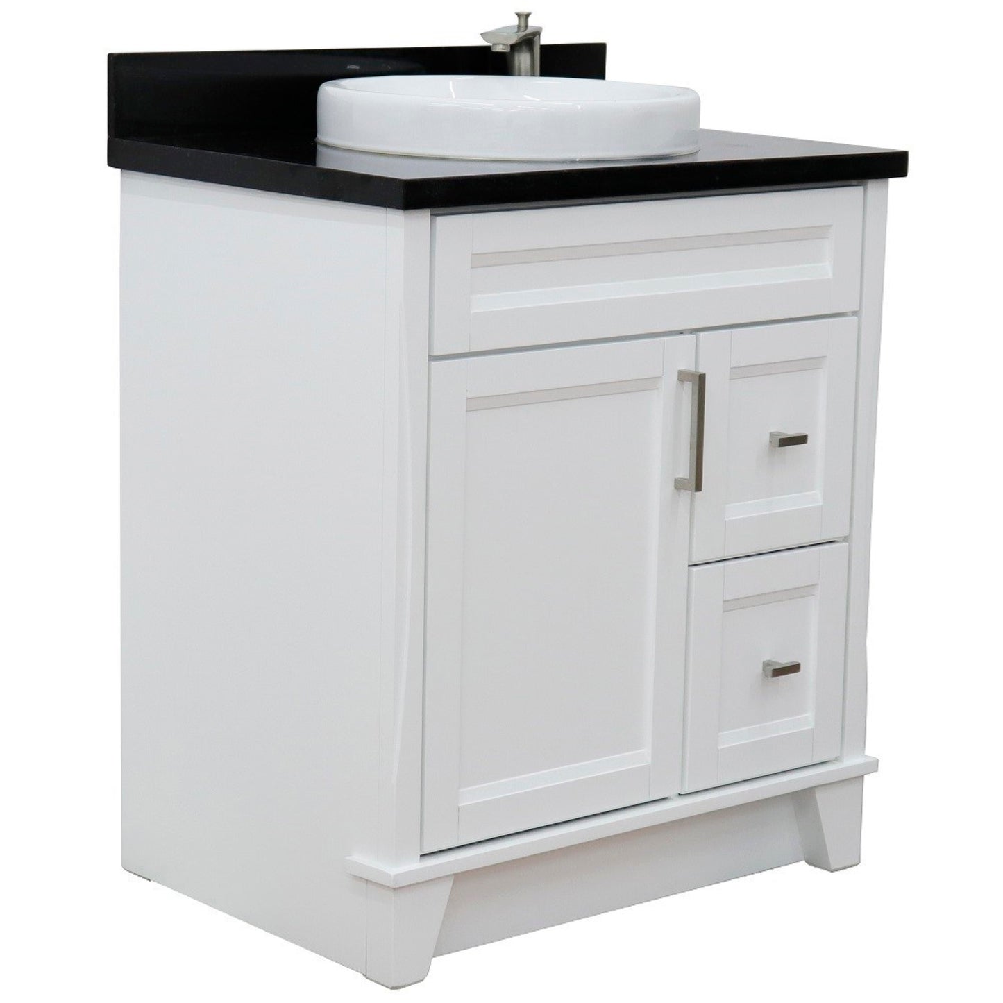 31" Single sink vanity in White finish with Black galaxy granite with round sink
