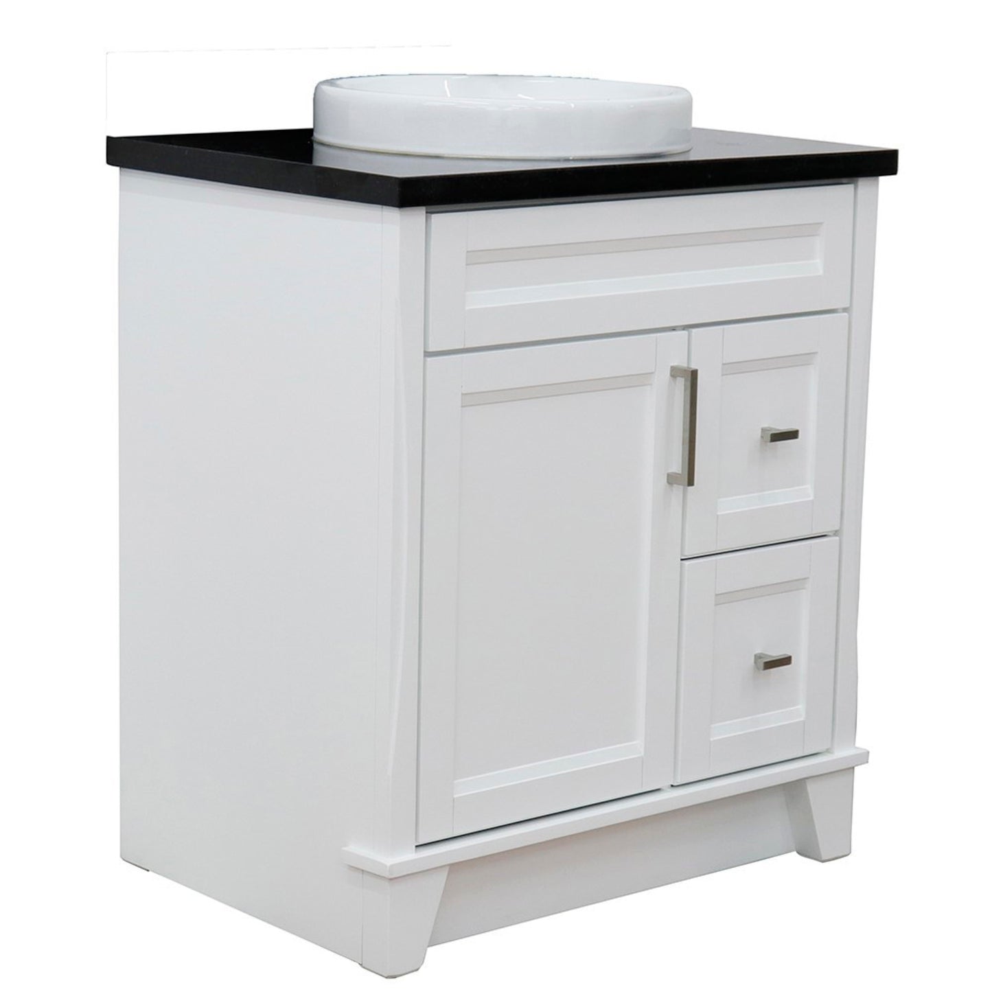 31" Single sink vanity in White finish with Black galaxy granite with round sink