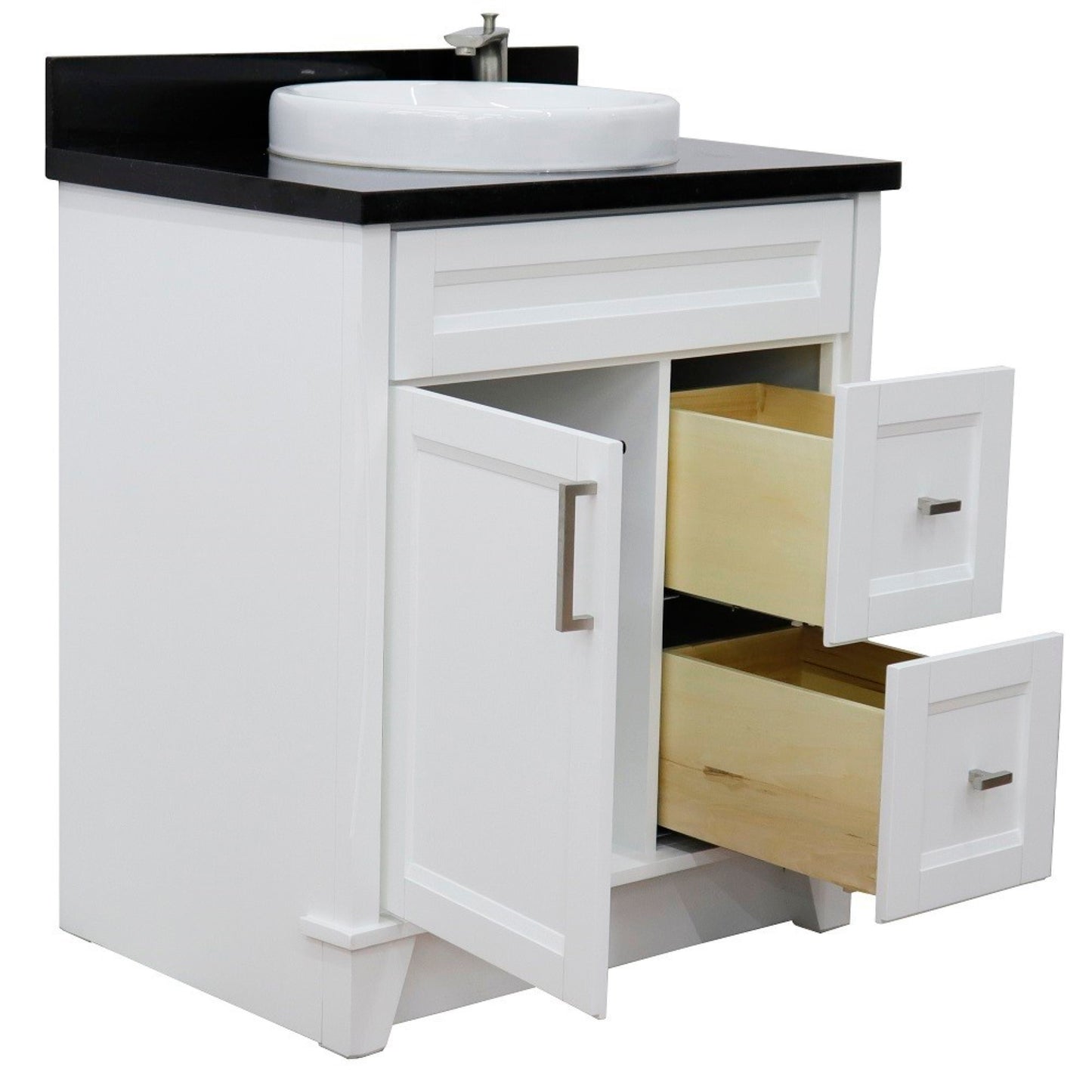 31" Single sink vanity in White finish with Black galaxy granite with round sink