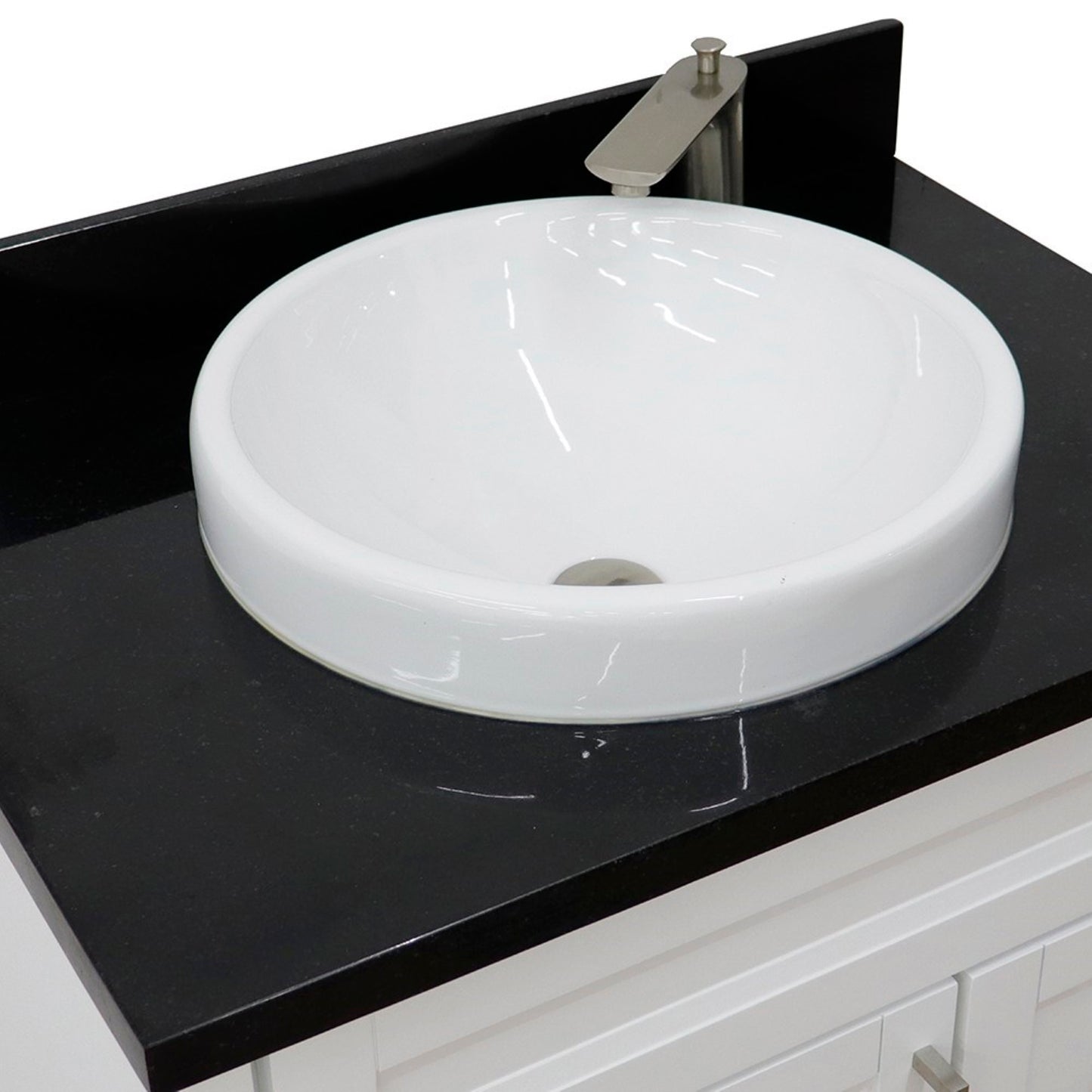 31" Single sink vanity in White finish with Black galaxy granite with round sink