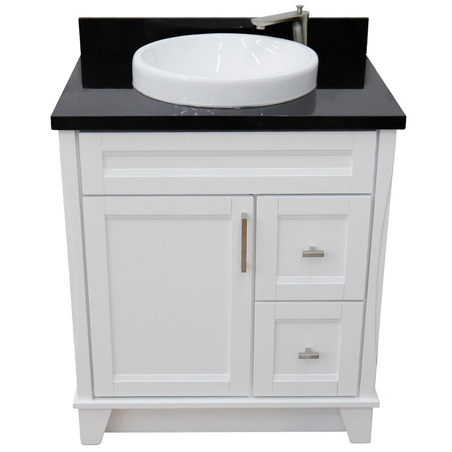 31" Single sink vanity in White finish with Black galaxy granite with round sink