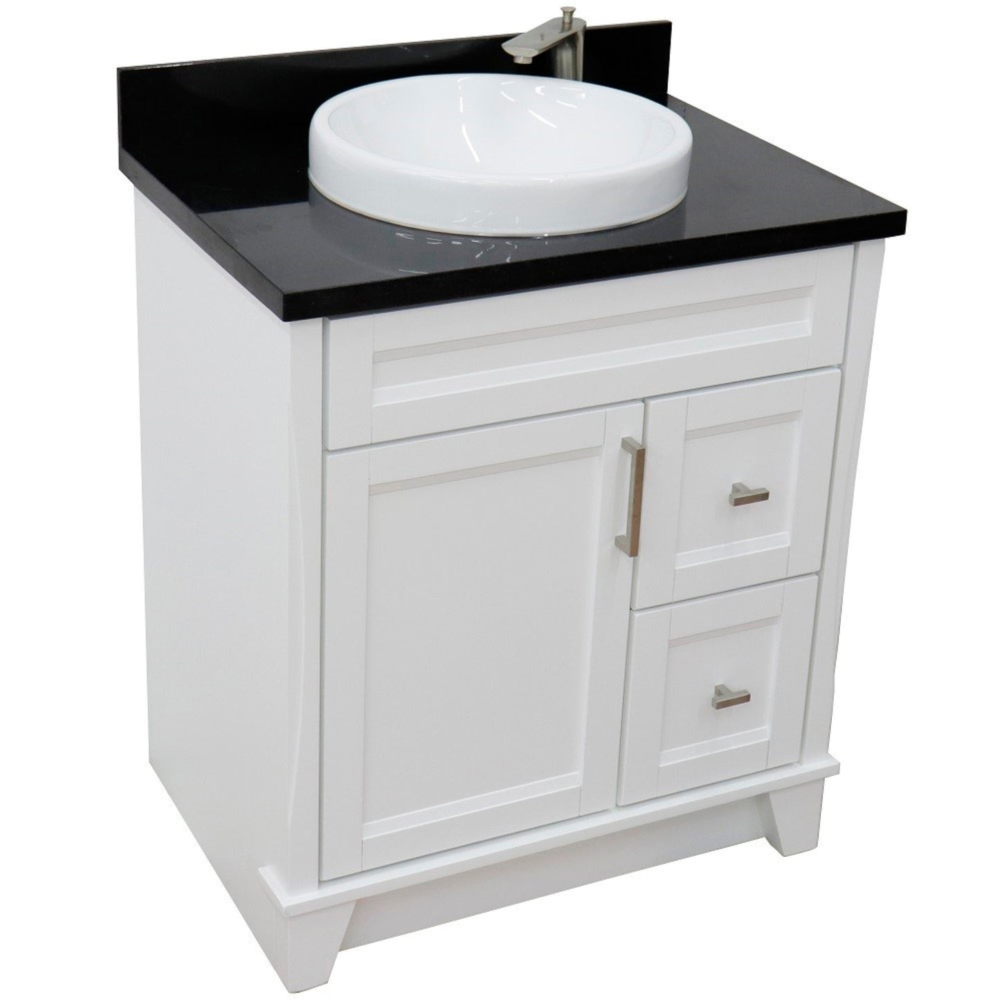 31" Single sink vanity in White finish with Black galaxy granite with round sink