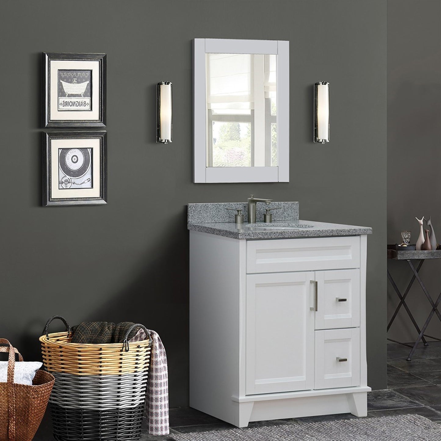 31" Single sink vanity in White finish with Gray granite with oval sink