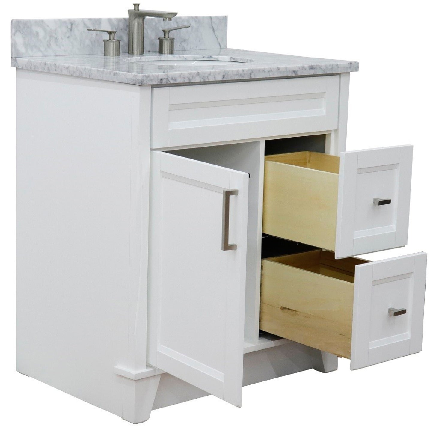 31" Single sink vanity in White finish with White Carrara marble with oval sink