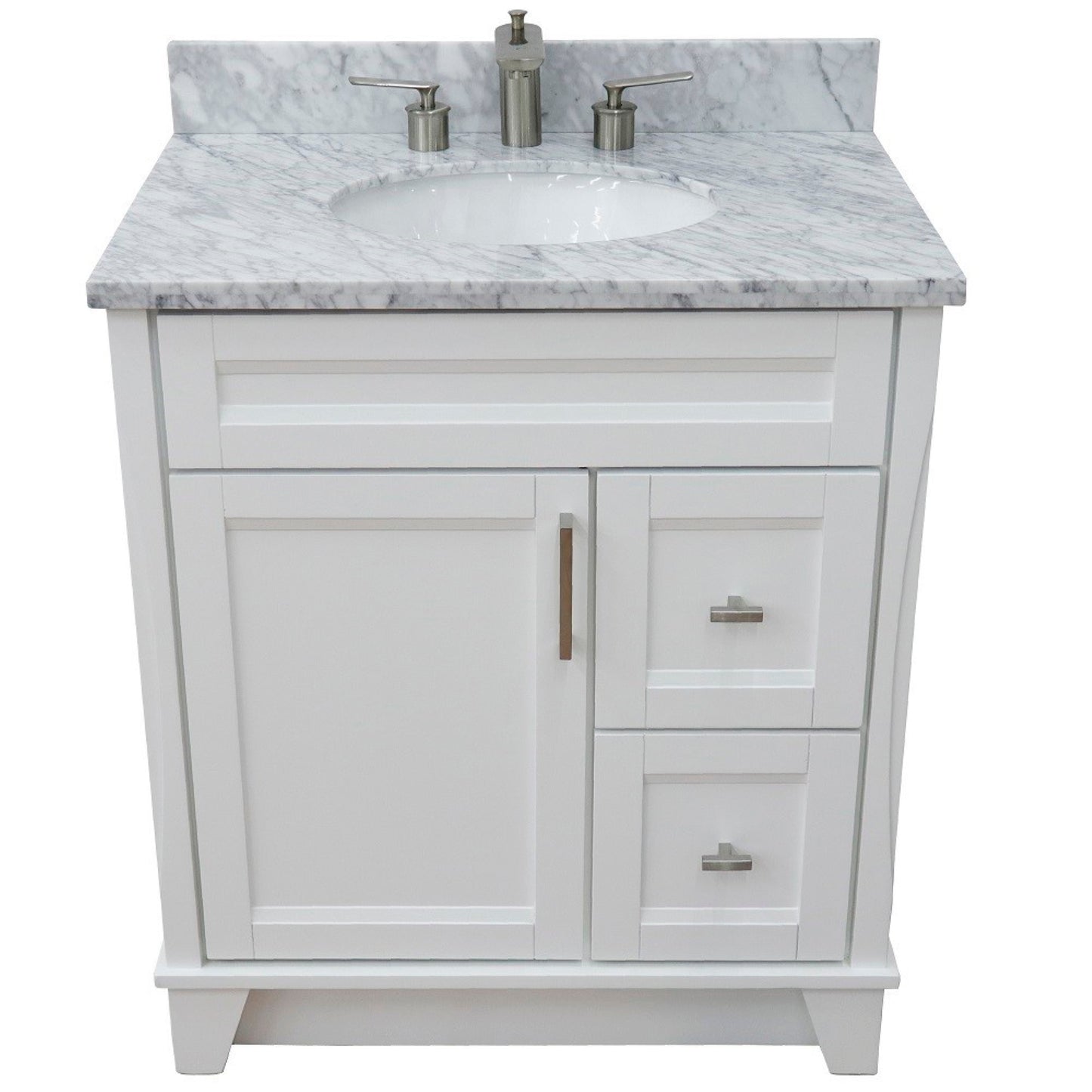 31" Single sink vanity in White finish with White Carrara marble with oval sink