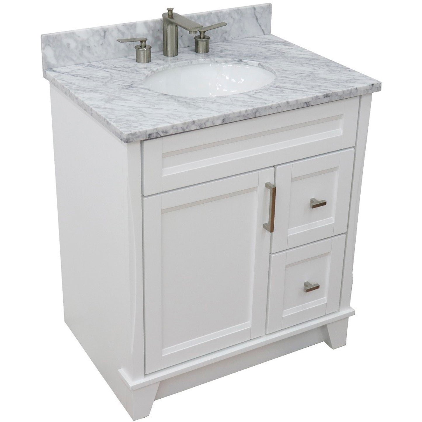 31" Single sink vanity in White finish with White Carrara marble with oval sink