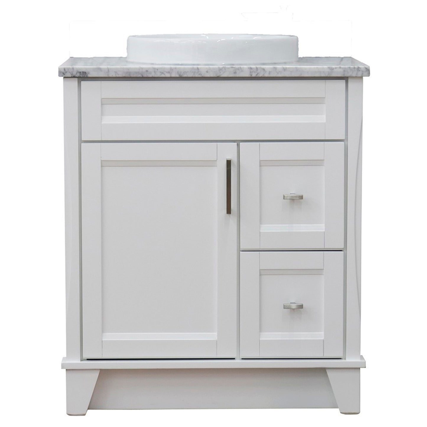 31" Single sink vanity in White finish with White Carrara marble with round sink