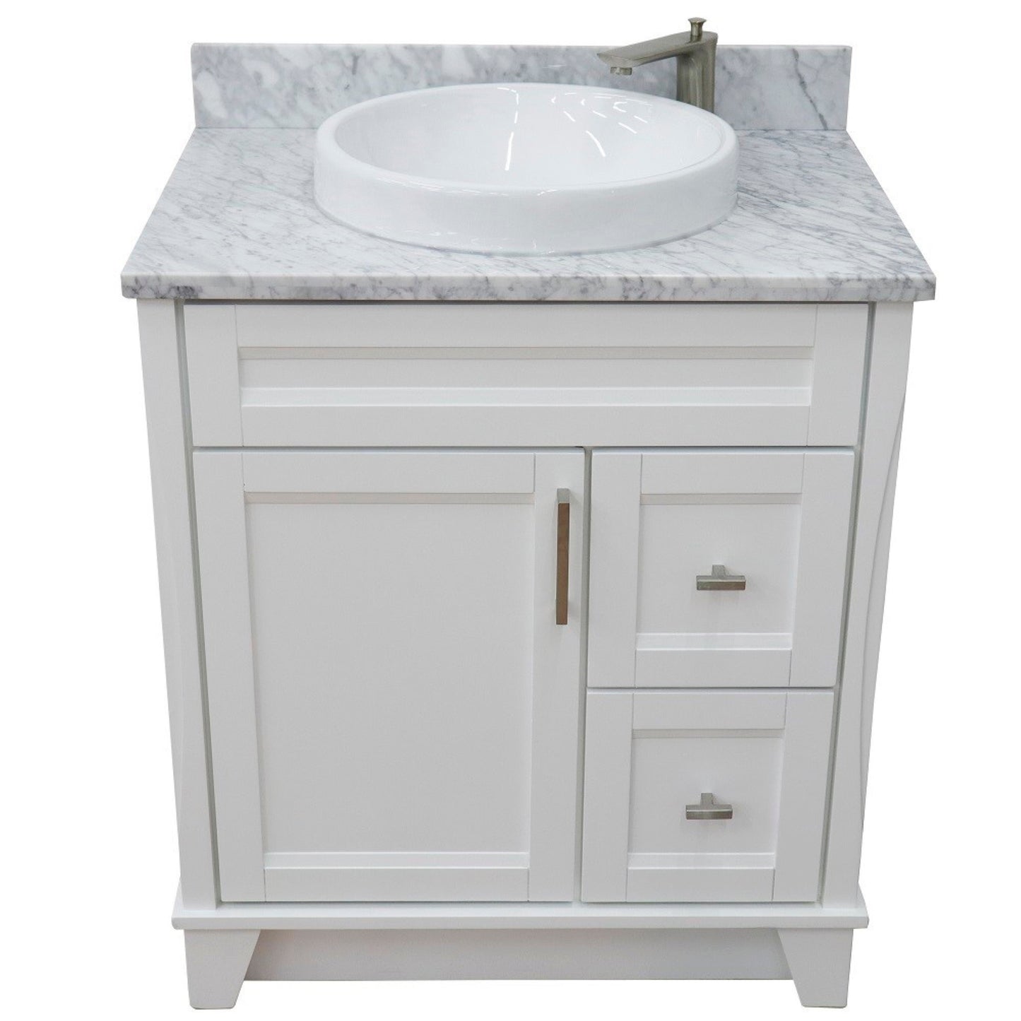 31" Single sink vanity in White finish with White Carrara marble with round sink