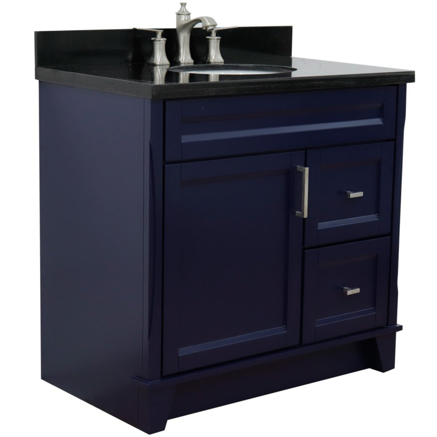 37" Single sink vanity in Blue finish with Black galaxy granite and Left door/Center sink
