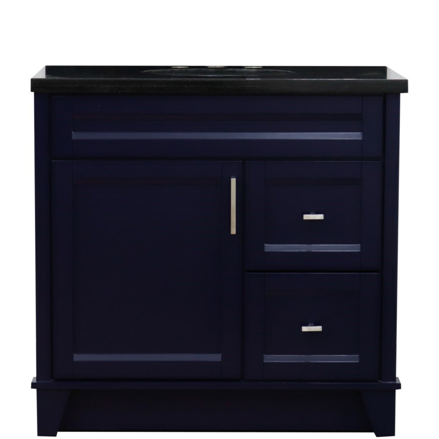 37" Single sink vanity in Blue finish with Black galaxy granite and Left door/Center sink