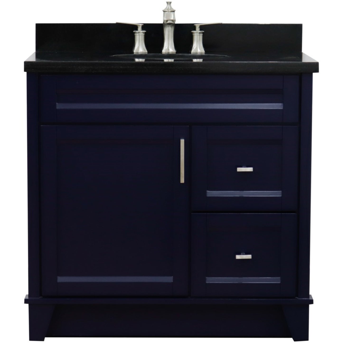 37" Single sink vanity in Blue finish with Black galaxy granite and Left door/Center sink