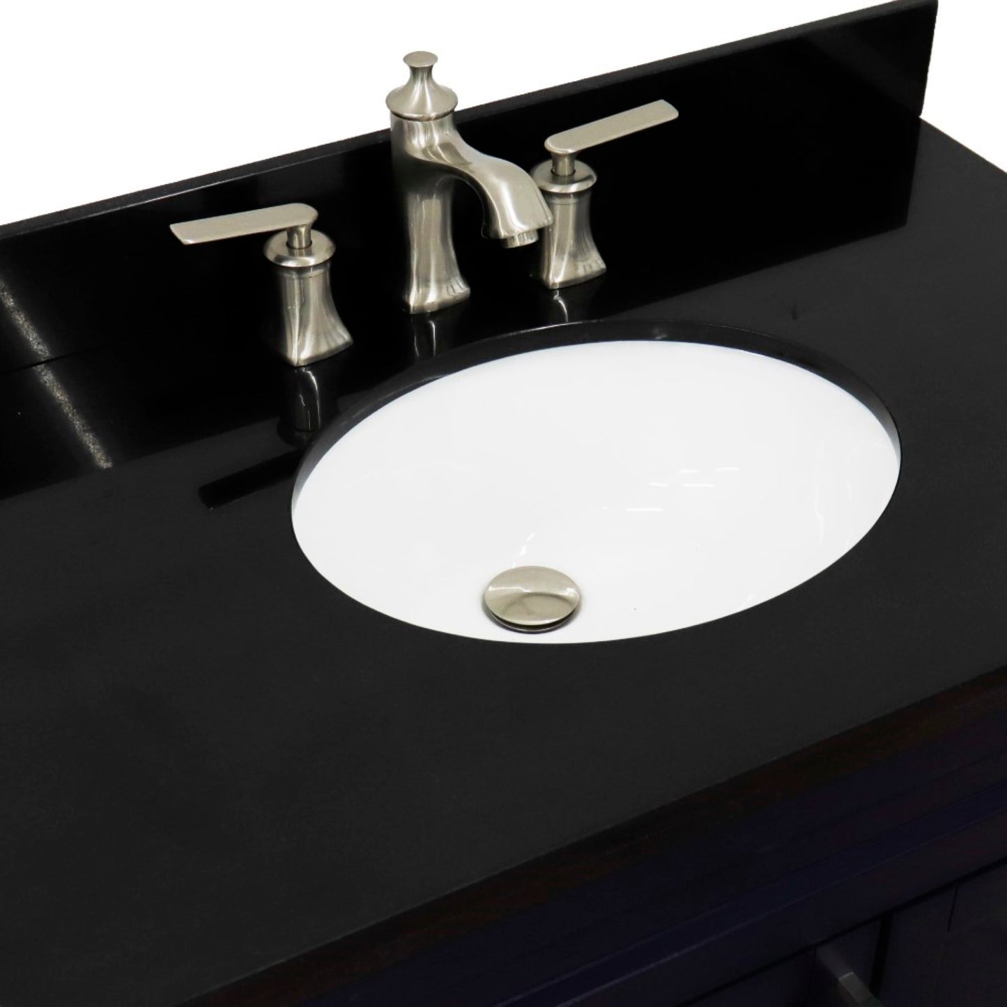37" Single sink vanity in Blue finish with Black galaxy granite and Left door/Center sink